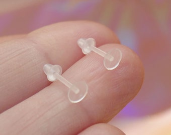 30 boucles d'oreilles en plastique transparent, clous d'oreilles invisibles 3 mm/5 mm à dos plat avec dos en caoutchouc G035