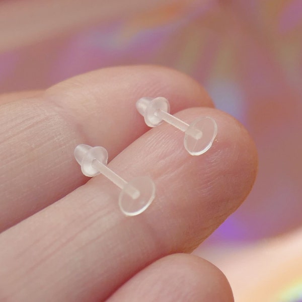 30x Plastic Clear Earring Posts, Invisible 3mm/5mm Blank Flat Back Earring Studs with Rubber Backs G035