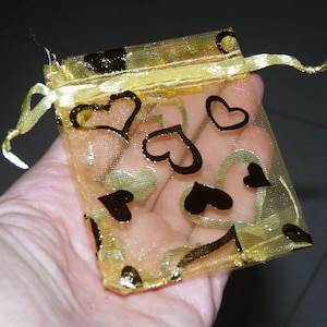 5/10x Organza Gift Bag with Drawstring for Jewelry Packing, Gold Heart Gift Pouches, 7x9cm B265