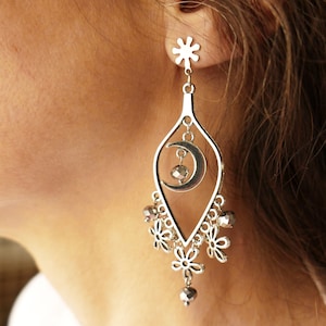 Moon and Flower Dangle Earrings | Silver Boho Statement Earrings | Stainless Steel Studs | Celestial Jewelry | Witchy Gift for Her G223
