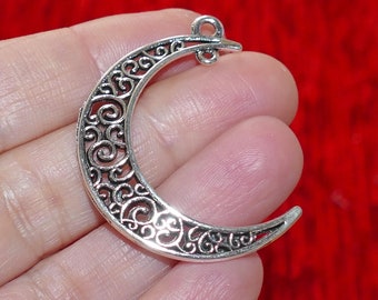 2x Large Moon Charm 2 Hole Filigree Connectors, Antique Silver Tone D088