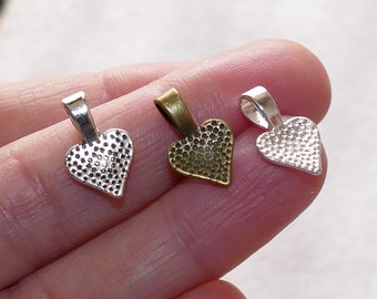 20x Heart Shape Glue on Bails for Pendants, Silver/Bronze tone Heart Charm Pendant Holders, 16x10mm Fused Glass Pendant Flat Bail D096