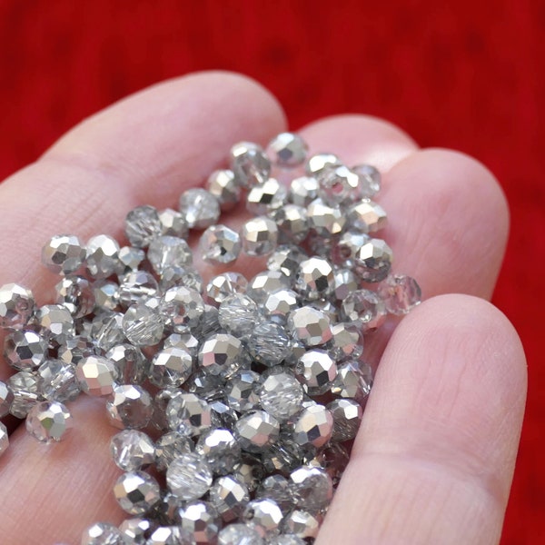 50x Silver Rondelle Perles de cristal à facettes 3x4mm Demi-coloré Transparent Faceted Glass Beads F010