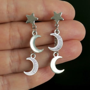 Boho Moon and Star Drop Earrings – Silver Celestial Earrings – Lightweight Bohemian Jewelry Gift for Her J071