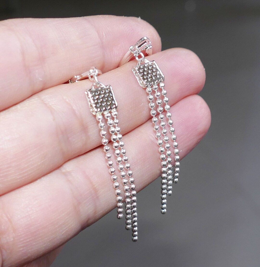 925 Silver Plated Ball Chain Tassel Earrings, Lever Back Dangle