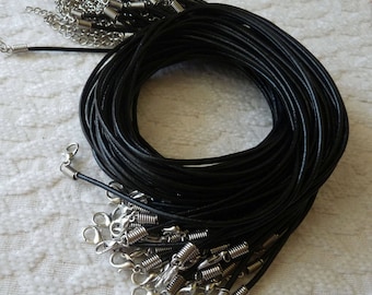 Collar de cuero negro 5x, cordón de cuero genuino redondo de 2 mm, collar de cordón de cuero de 17", cordón terminado + cierre de langosta + cadena de extensión C370