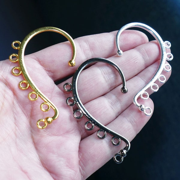 2x Ear Cuff Wrap Long Chain Tassel Drop 7 Hole Earring Connectors, No Piercing Ear Hooks, Gold /Silver/Black Earring Findings F360