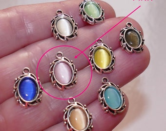 2x Cabochon Charm Pendant, Blue/Yellow/Pink Framed Oval Glass in Antique Silver Tone Bezel F281