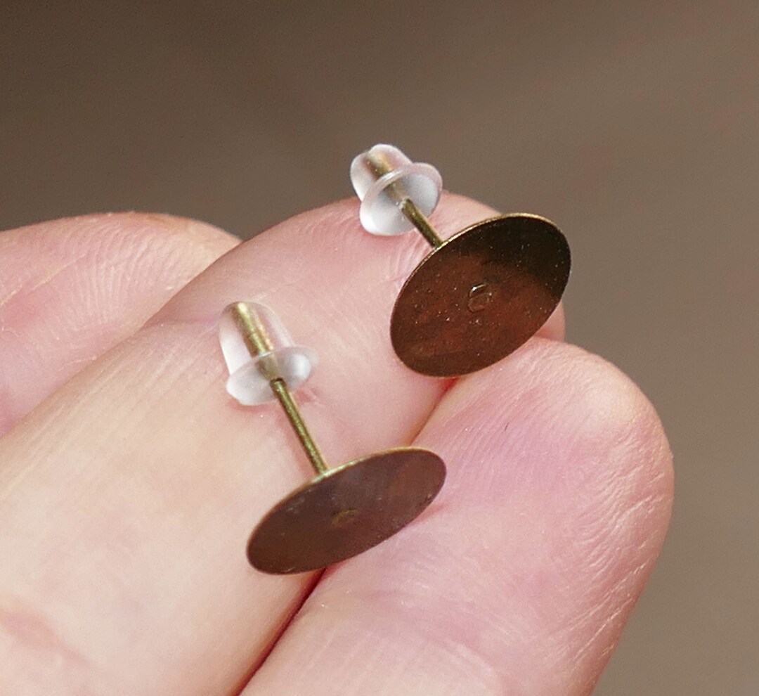 20/50x Bronze 10mm Flat Back Earring Studs With Rubber Backs, Steel Ear Studs Flat Pad Earring