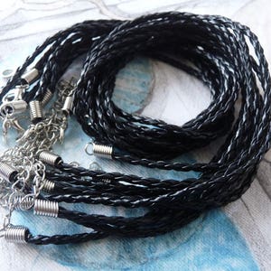 4x Black Braided 18 Faux Leather Necklace Cord, Adjustable Finished Round Leather Cord with Lobster Clasp and 5cm Extension Chain image 1