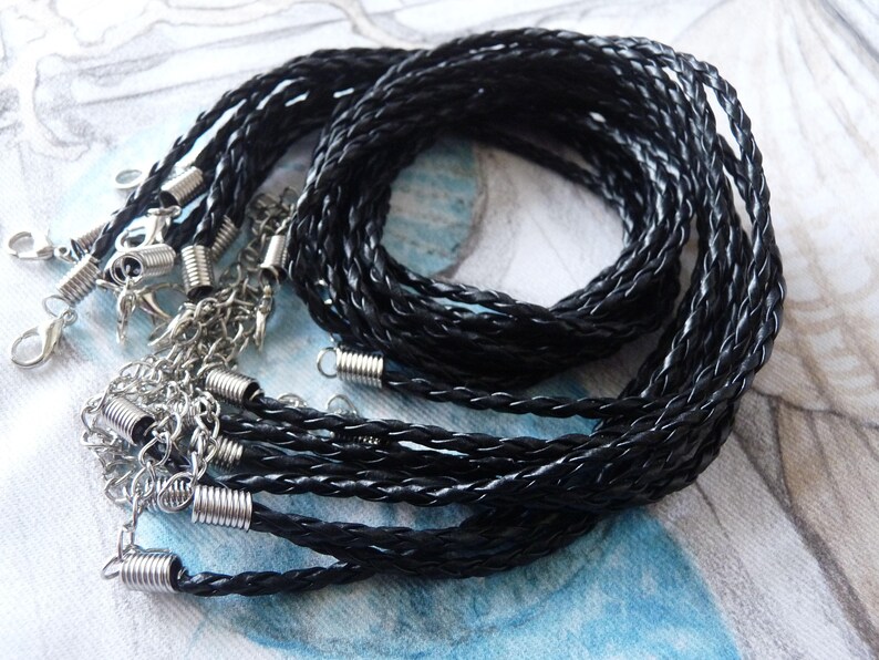 4x Black Braided 18 Faux Leather Necklace Cord, Adjustable Finished Round Leather Cord with Lobster Clasp and 5cm Extension Chain image 1
