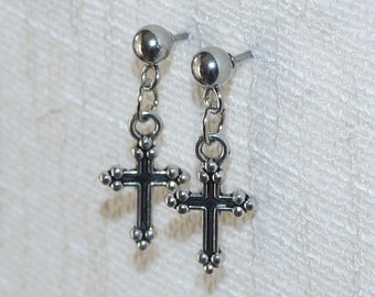 Cross Earrings, Tiny Cross Charm Earrings, Stainless Steel Earring Studs with Rubber Backs, Silver tone Double Sided Cross Earrings U013