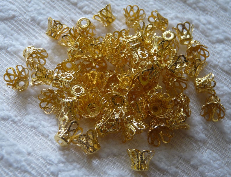 20/50x Bell Bead Caps, 8mm Gold Tone Filigree End Spacer, Hollow, Beading Supplies image 5