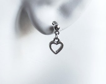 Small Heart Charm Drop Earrings, Silver Tone Stainless Steel Ball Stud Earrings F141