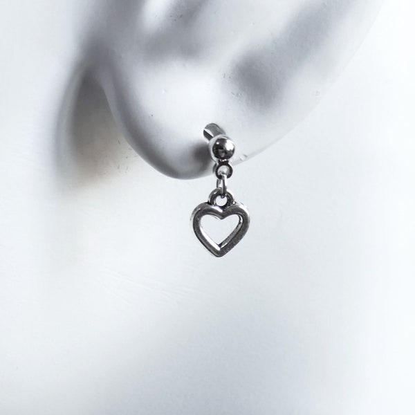 Small Heart Charm Drop Earrings, Silver Tone Stainless Steel Ball Stud Earrings F141