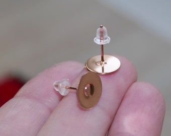 10 clous d'oreilles hypoallergéniques en acier inoxydable, or rose, 3 mm/4 mm/5 mm/6 mm/8 mm/10 mm/12 mm, coussinets plats vierges à l'arrière, sertis cabochon G348