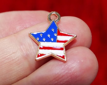 3x USA Flag Star Charms, Enamel Pendants, Jewelry Making Supplies C729