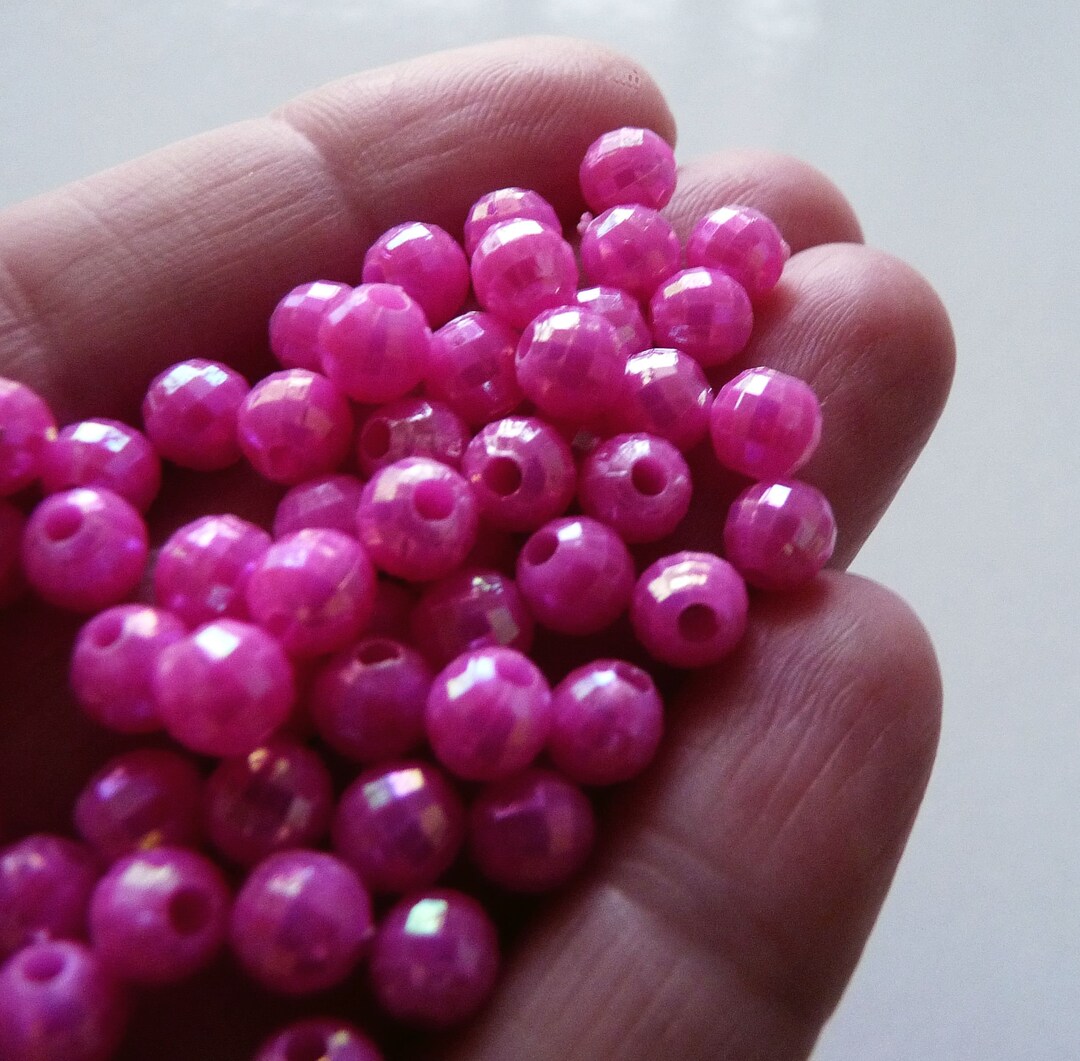 40x Pink Acrylic Beads, 6mm Hot Pink Beads, Pink AB Plated Beads
