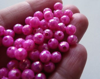 40x Pink Acrylic Beads, 6mm Hot Pink Beads, Pink AB Plated Beads, Iridescent Pink Spacer Beads, Beading Supplies C812