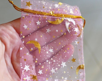 10 bolsas de regalo de organza con forma de luna y estrella rosa de 7 x 9 cm, bolsas para joyas con cordón D250