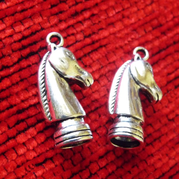 2x Horse Charm Glue in Cord End Caps, Chess Charm, Round Leather Tip Caps, Antique Silver