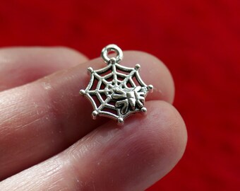 May include: A small, silver-coloured charm depicting a spider within a web. The spider is centrally positioned, and the charm has a loop at the top for attachment. The background is a solid red.