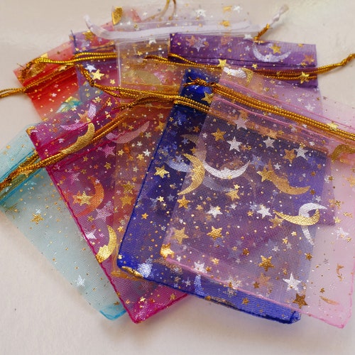 10x Mix Moon Star Organza Gift Bags 7 x 9 cm, 10 Colori Gioielli/Caramelle Sacchetti per Bomboniere di Nozze F069
