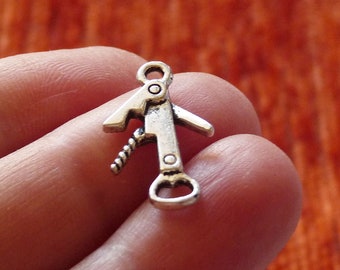 4x Corkscrew Wine Opener Charms, Antique Silver Tone Metal Jewelry Making Supplies C555