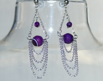 Purple Agate Chain Earrings, Never Fade Elegant Ball Stud Earrings with Padded Rubber Backs, Free Shipping U045