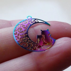4x Rainbow Cat Moon Stainless Steel Filigree Charm, Crescent Moon Charms for DIY Jewelry Making G012