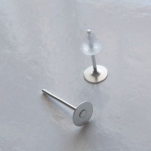 May include: Two silver earring posts with clear plastic stoppers. The posts have a flat round base.