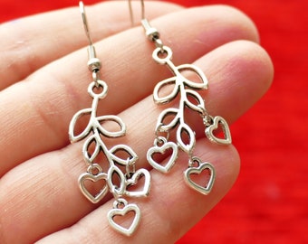 Heart Leaves Branch Earrings, Stainless Steel Hook Earrings, Free Shipping H157