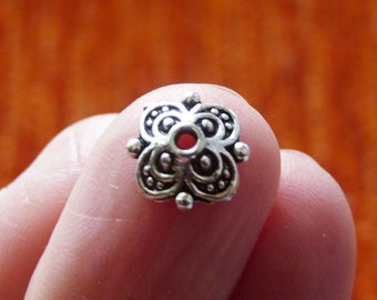 10/30x Flower Bead Caps, 10mm Square End Spacers, Antique Silver Tone Beading Supplies C174
