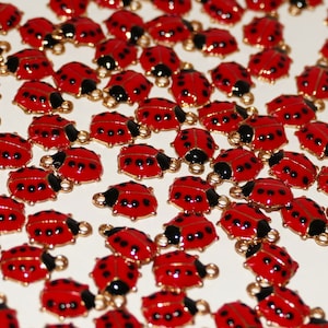 Peut inclure: Une collection de breloques en forme de coccinelle rouge et noire avec des accents dorés. Les breloques sont en métal et ont une finition brillante.