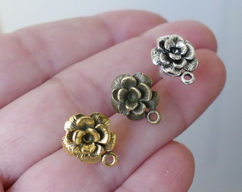 6x Flower Earring Studs, Antique Silver/gold/Bronze Tone Retro Earring Studs with Closed Loop and Rubber Backs B392