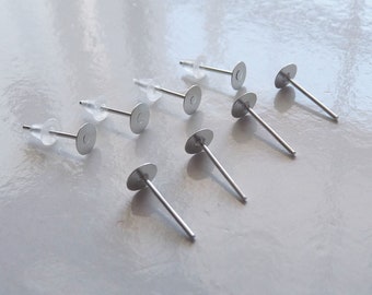 100x Hypoallergenic 4mm Blank Flat Pad Earring Stud Base, Stainless Steel Ear Studs w/Backs Flat Silver tone Posts B120