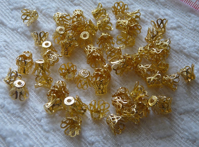 20/50x Bell Bead Caps, 8mm Gold Tone Filigree End Spacer, Hollow, Beading Supplies image 2