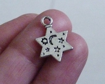 5/10x Star Charms for Bracelet/Earrings, Antique Silver Tone Double Sided Charms