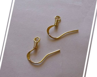 20/50x Gold Flat Earring Wire Hooks, Gold Tone Coil Ear Wires, Earring Findings, Fish Hooks Earrings B088