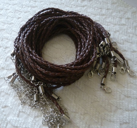 4x Brown Braided Leather Cord, Round Necklace Cord with Lobster Clasp  Closure, Adjustable Faux Leather Necklace Cord C137