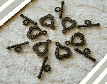 1/5x Fermoir à bascule cardiaque pour bracelets / colliers, antique bronze ton coeur forme bijoux fermeture
