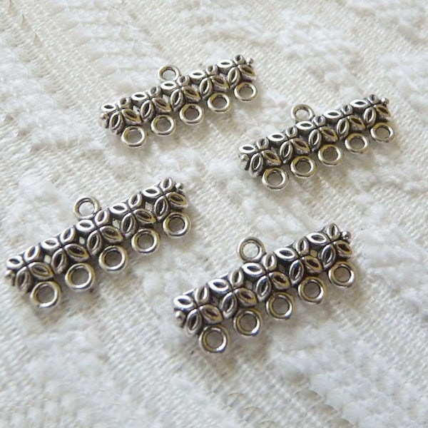 4x Floral 5 Strand Connectors, Earring/Bracelet/Necklace Connectors, Antique Silver Tone Multi Strand Connectors H077