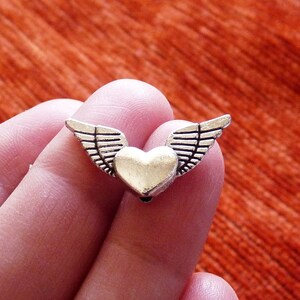 4x Angel Wing Charm Heart Spacer Beads, Antique Silver tone B063