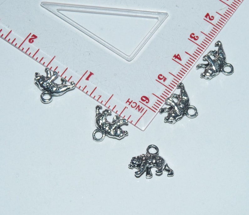 May include: Four silver bear charms with a loop for attaching to a necklace or bracelet. The charms are about 1 inch in size.