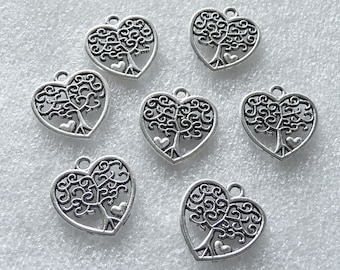 4/8x Life Tree Heart Charms, Antique Silver Tone Double Sided Pendants C228