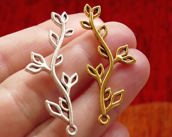 4x Tree Branch Charm, 1.7" Long Twig Connector Leaf Charms, Antique Silver/Gold Tone 2 Sided Pendant Connectors F141