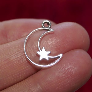 25x Crescent Moon Star Bulk Charms, Double Sided Antique Silver Tone Metal Pendants D224