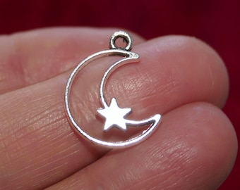 25x Crescent Moon Star Bulk Charms, Double Face Antique Silver Tone Metal Charms D224