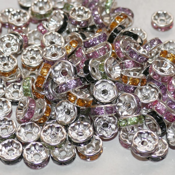 20 x mélange de couleurs strass 8 mm ton argent rondelle perles d'espacement G355