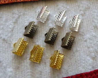 10/30x Gold/Silver/Bronze 10mm Flat Cord Crimp End Ribbon Caps, Metal Clamps